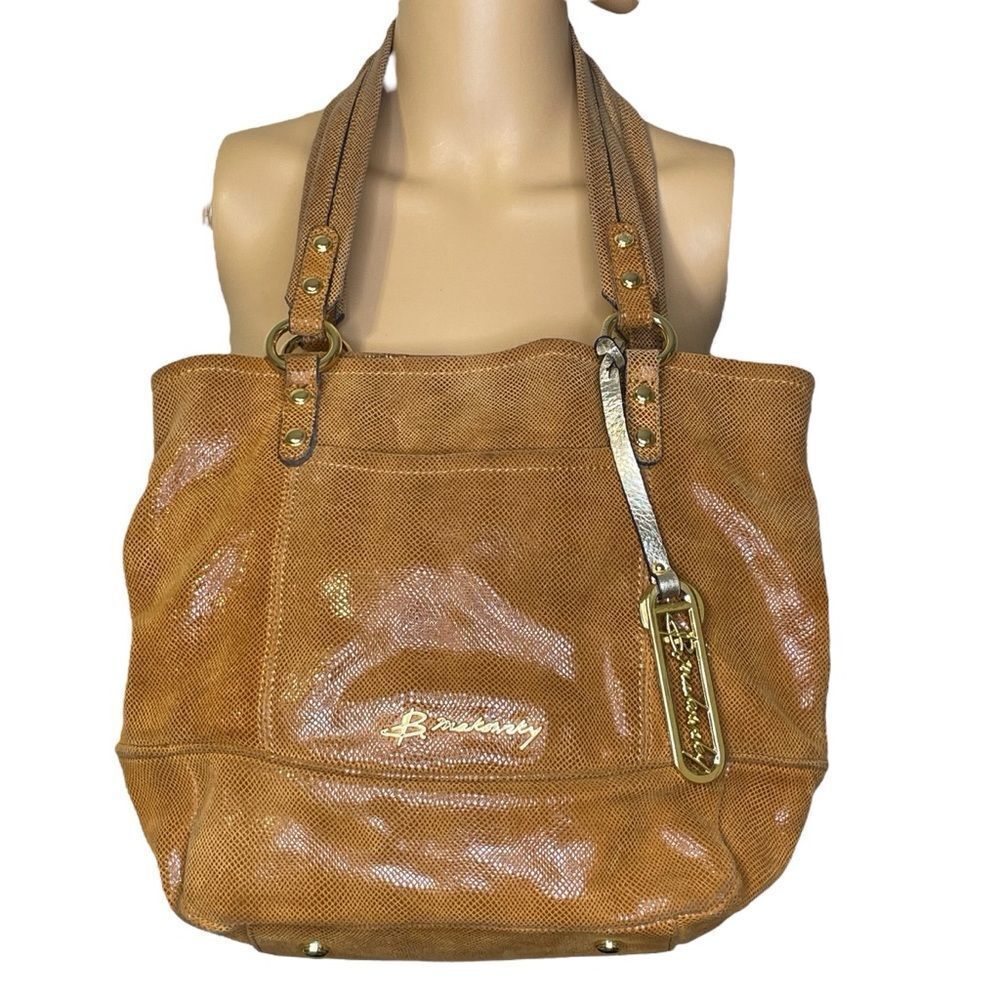 B. Makowsky Genuine Leather Tote Purse Cognac With Gold Tone Signature Hardware